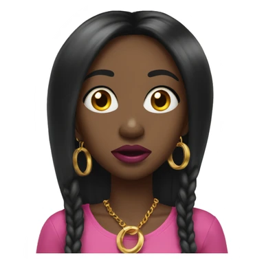 Shocked Black girl with long black straight hair and pink lipstick with gold hoop earrings and and a gold necklace  sticker