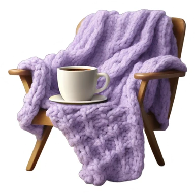 Design an inviting emoji of a chunky knit blanket folded on a comfy chair, with a cup of coffee nearby, evoking a cozy home setting.light purple sticker