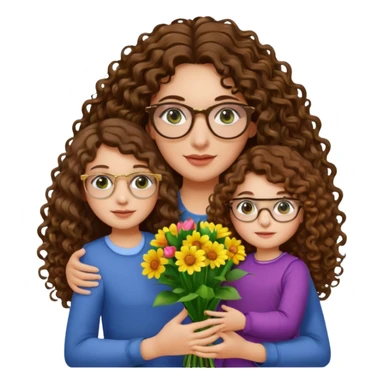 light skinned brunette long curly haired woman with green/hazel eyes framed with large round gold rimmed glasses holding big bright bunch of flowers with one hand and young kindergarten age daughter's hand (also with long brown curly hair) in other. White background. sticker