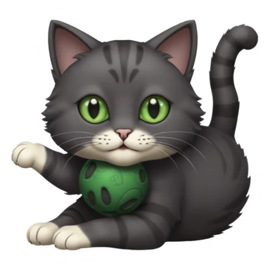 solid dark grey cat with green eyes, completely solid grey face, white toes/paws playing rolling upside down sticker