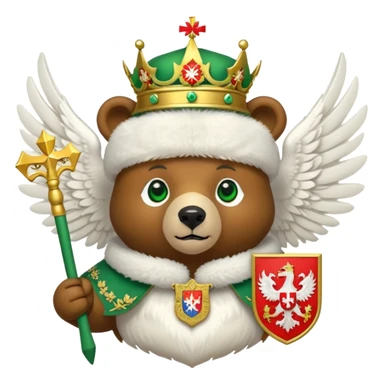 Cute brown bear head with green eyes, wearing white fur ushanka hat with Russian coat of arms: golden double-headed eagle with spread wings, three crowns connected by ribbon, scepter in right claw, orb in left claw, red shield on chest with St. George slaying dragon, iOS emoji style sticker