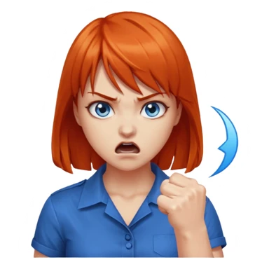 A woman with dark orange hair and bangs, blue eyes, an asmr streamer, angry, clenching his fist sticker