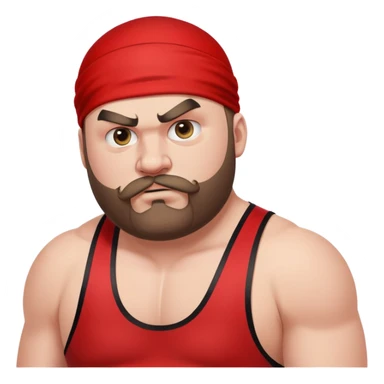 Close-up of extremely fat white skin guy with young face, beard and mustache, no muscle with prominent black durag, black eyes in a red and black wrestling singlet with angry face sticker