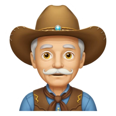 elderly cowboy with white mustache skateboarding, yellow face, playful, classic western attire, android emoji style sticker