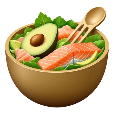 a brown carton bowl full of green salad, salmon sashimi and an avocado scoop on top sticker