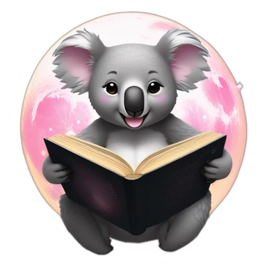 A koala perched on a ethereal glowing crescent moon, with dark black sky, smiling and blushing pink,  reading a book with glowing light on the pages sticker