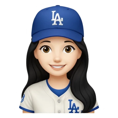 Can you make an emoji of a girl with fair skin with black long hair wearing an LA dodger hat. Only include her face no neck.  sticker