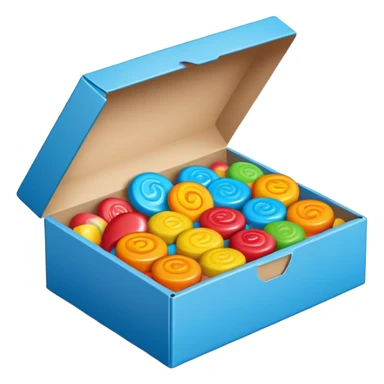 blue rectangular cardboard box with candies sticker