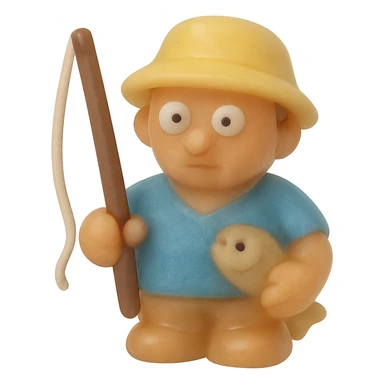Make the fisherman much more transparent and match the exact retro 90's toy style of the previous ocean animal emojis. Use natural colors (tan skin, blue shirt, yellow hat), derpy eyes, no tag, no background. Soft plastic, soft reflections, soft and squishy, some cloudiness, not shiny, highly detailed, appealing. The style should resemble retro 90's soft plastic toy style with soft reflections and cloudiness, not shiny. sticker