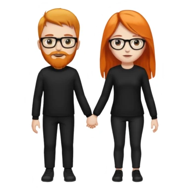 girl with long orange hair wearing no glasses and all black clothes and holding hands with boy with black hair and beard and glasses and pale skin sticker