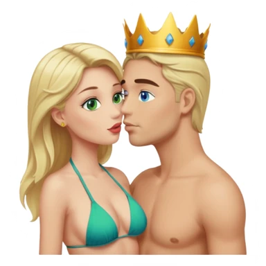 Blonde Queen Green eyes with crown in Bikini kissing Male subject without crown dark Hair blue eyes sticker