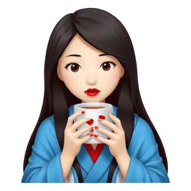 sexy asian japanese girl, red lips, long dark hair, feeling ill, sickness, nose is red due to sickness, head and body covered by blanket, holding tea mug in hands sticker