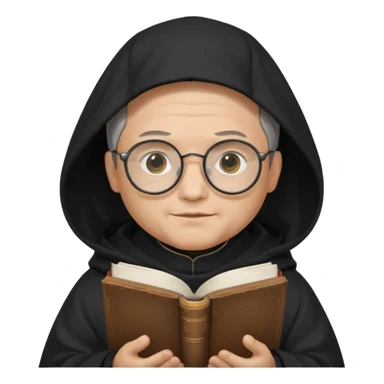 Monk priest prayer black habit with hood round black glasses done light brown wavy hair under hood remove the medallion smaller more round glassed age 46 no necklace more oval face hand holding book that says RB 480 top left is great add a little hair brown gray under hood  sticker