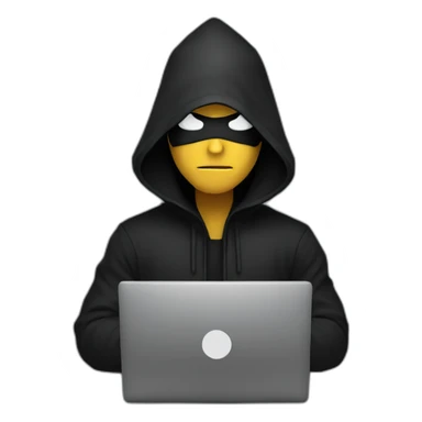 Developer with a black hood behind his computer and coding sticker