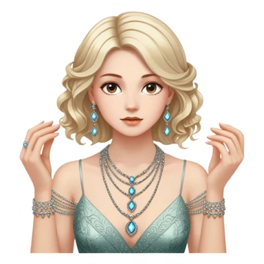"A woman elegantly holds several shimmering necklaces in her hands, her gaze focused on the intricate details of each piece. She wears a simple dress and her hair is neatly styled." sticker