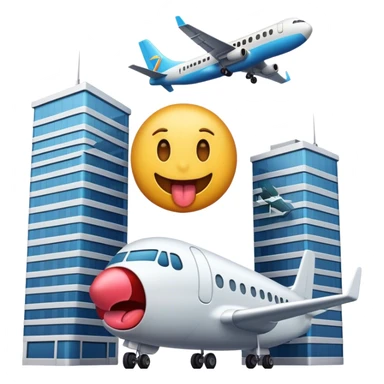 A freaky emoji with its tongue out standing next to two large buildings with a plane heading towards them sticker