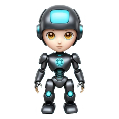 Cute futuristic chibi humanoid robot with large rounded head, add text on chest "LMX". glossy black and grey metal body, glowing cyan and amber eyes, visible joints, confident pose, white background, high-detail 3D render,  sticker