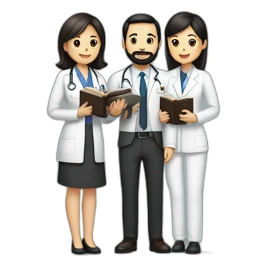 husband american man with dark brown hair and trimmed beard wearing a suit holding a bible, wife to woman asian middle age with black shoulder length hair wearing a nurse uniform sticker