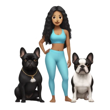 latin women with long black hair in yoga outfit standing alongside two french bulldogs  sticker