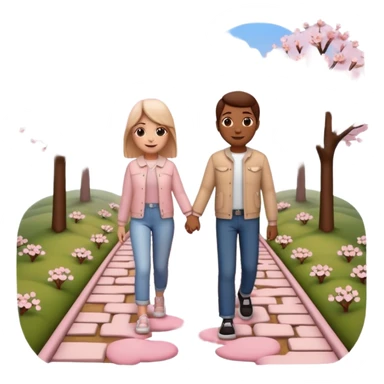 3D emoji-style of two roads merging into one 💞, with cherry blossoms 🌸, floating hearts 💕, soft sunset sky 🌅, and a couple walking hand-in-hand 👩‍❤️‍👨. Romantic and aesthetic vibe sticker