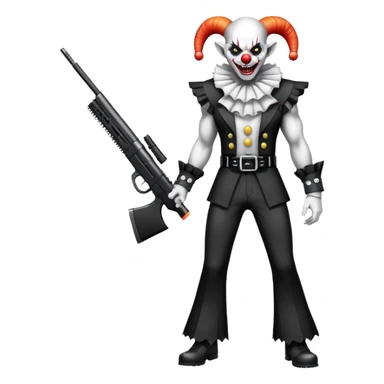 full-body muscular demonic clown, battle-ready, black and white leisure suit with bellbottom pants, bald, black ram horns, flashy black and white belt, ruffled white shirt, no neck tie, large fangs, holding very large futuristic rifle sticker