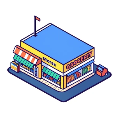 Isometric grocery store with shoppers, food shelves, and checkout area sticker