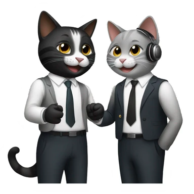 Two dark colored, happy cats, shaking hands in suits with headphones on.   sticker