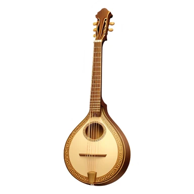Bouzouki – Cinematic Realistic Bouzouki, depicted as a beautifully crafted Greek string instrument with a long neck and ornate fretwork, its polished wooden body reflecting warm golden light, set on a rustic background with soft shadows that evoke traditional Mediterranean music. sticker