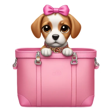 Cute puppy with pink bow on head in Gucci carrier  sticker