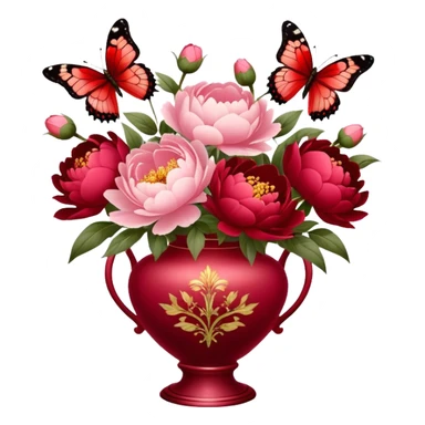 Delicate butterfly with Ruby and Wine Red wings perched on a Fiery Red bouquet of Peonies in an elegant Pastel Rose vase, bathed in warm, soft lighting. sticker