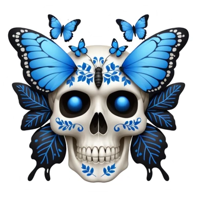 White skull with blue butterflies, leaves, and black intricate patterns sticker