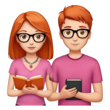 brunette girl with hazel eyes drinking latt, hair just below shoulder length and wearing a pink shirt, also with a necklace. Put her with her boyfriend who has orange/red hair, black glasses, and is taller than her. He needs a book in his hand  sticker