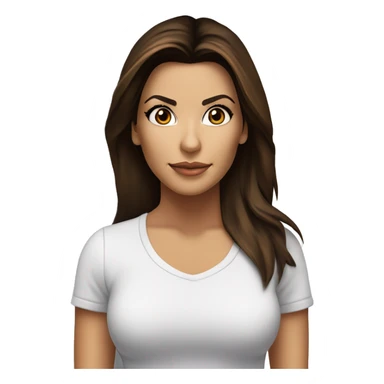 3/4 face, contrasted, shadow, light, Eva Longoria expression, standing from a distance, thin nose, brunette woman, hazel eyes, long eyelashes, dark shoulder shaded hair, white t-shirt, jeans, white sneakers sticker