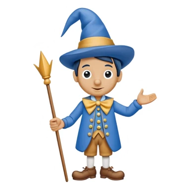 Wooden puppet Pinocchio with a long nose, wearing blue clothes and a pointed hat sticker