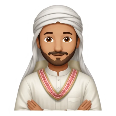 detailed iPhone-style emoji of a Saudi man in white thobe and red-and-white shemagh, smiling gently, both hands on chest, soft cartoon face, short beard, brown eyes sticker