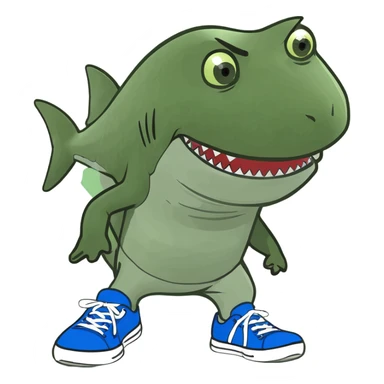 Un tiburón con dos piernas y zapatillas azules sticker