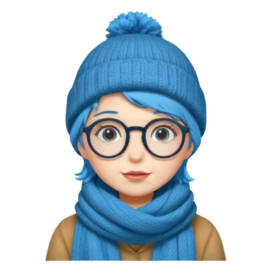 A shy blue straight hair woman with big round glasses and thick scarf and a beanie, blushing from the cold. sticker