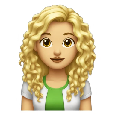 Chica rubia pelo rizado largo y flequillo con ropa verde ldelante ordenador sticker