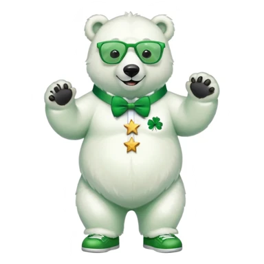 full body friendly anthropomorphised polar bear smiling, wearing large multicolored star-shaped glasses, green bow tie, shamrock pin, festive green shirt, green trainers, St. Patrick's Day sticker