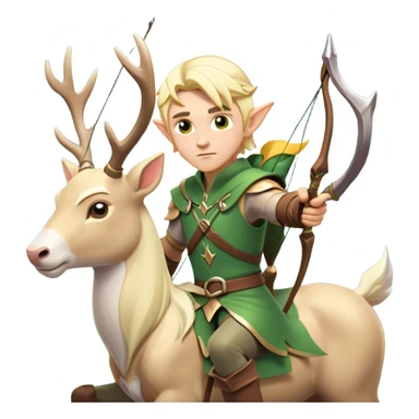 clash-of-clans-aesthetic-blond-male elf-archer-portrait-emoji, rendered in a flat, vector-style with minimal shading and bold, simplified shapes, head tilted slightly forward with a determined, focused expression, riding a majestic white stag whose antlers glow with mystical energy, set against an ancient, enchanted forest backdrop. sticker