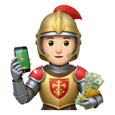 Knight with helmet holding phone and money sticker