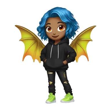 Lady with brunette and iridescent blue hair, gold, lime green dragon wings, black hoodie, bleach dyed, black and gold Nike t shirt, and bright red eyes sticker