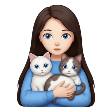 a girl with long dark 
brown hair, with blue eyes, in a
white sweater, hugs 3 different natural coloured cats sticker