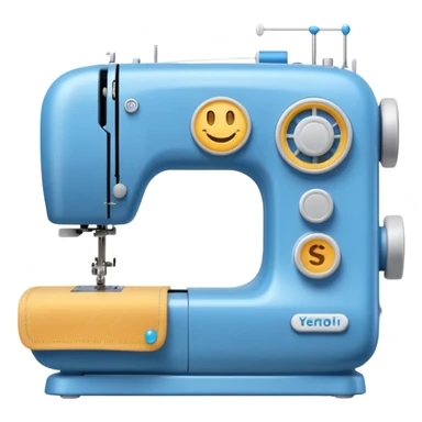 Emoji of a modern sewing machine inspired by a Brother machine. Soft, rounded shapes in the style of Apple emojis, with subtle gradients and soft shadows. White body with light gray details, a blue thread spool on top, a small digital screen and a round dial. sticker