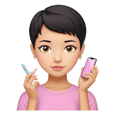 tan girl pink shirt with black hair & a pixie cut no earrings doing cute pastel colors skin care sticker