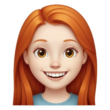 traditional emoji of young girl with very pale skin, long straight bright ginger red hair, regular human eyes (not cat-like), wide nose, big smile with extremely large prominent teeth showing, classic round face sticker