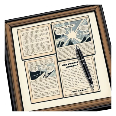 Create a detailed emoji representing the process of writing texts for comic books. The design should feature a large, open comic book with vintage comic strips visible on its pages. A pen should be shown writing text on one of the comic panels, but without a hand. The pencil should appear as though it is actively creating the dialogue or narration. Use a classic color palette with muted tones for the comic book and brighter accents on the pencil to draw attention to the writing process. Do not include any emojis or smiley faces. Make the background transparent. sticker