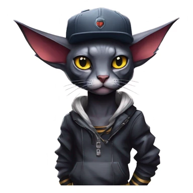 Cool Anthro Bat-Litten-Sphynx-Pokémon with edgy stripes collar punk techwear cool fiddler-hat Full Body sticker