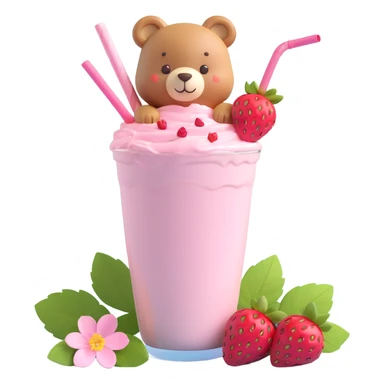 strawberry milkshake cup with a straw, cute bear peeking out, two strawberries with green leaves, pink cherry blossom flowers, pastel colors, soft shadows, clean and minimalistic design, 3D iOS style sticker