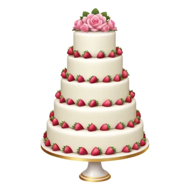 white wedding cake with strawberries, pink roses, gold ring topper sticker